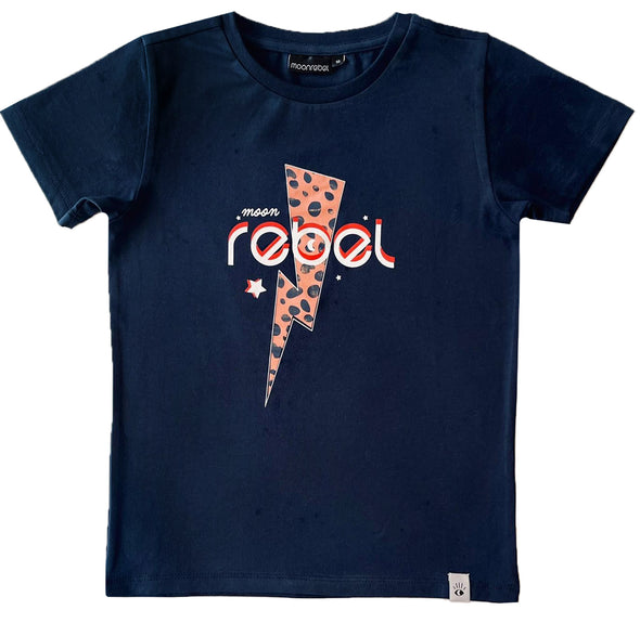 Donkerblauw T-shirt van Moon Rebel meisjeskleding met een stoere bliksem print.