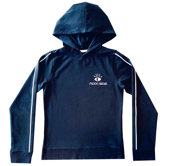 Donkerblauwe hoodie trui van Moon Rebel voor meisjes van 6 tot 14 jaar. 